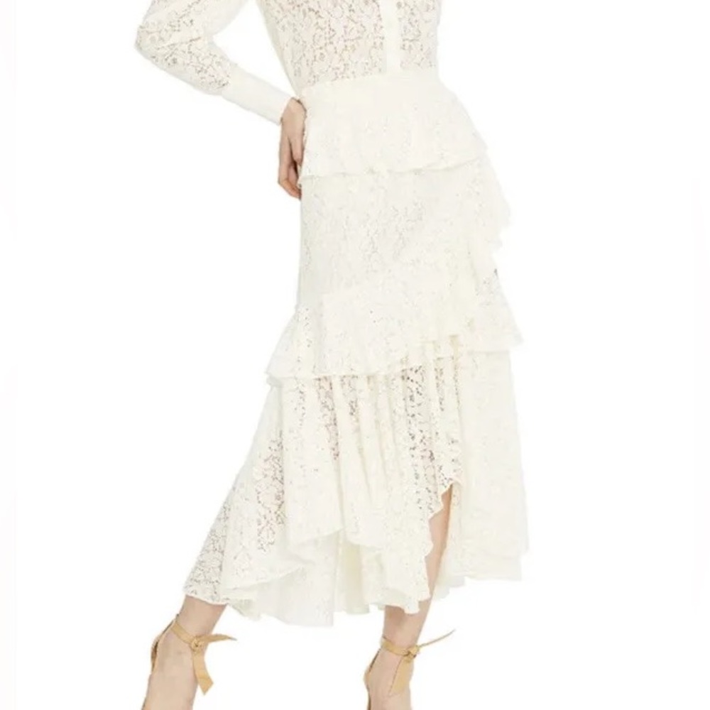 MISA Los Angeles Joseva Lace Cascade Ruffles Vintage Peplum Asymmetrical Skirt